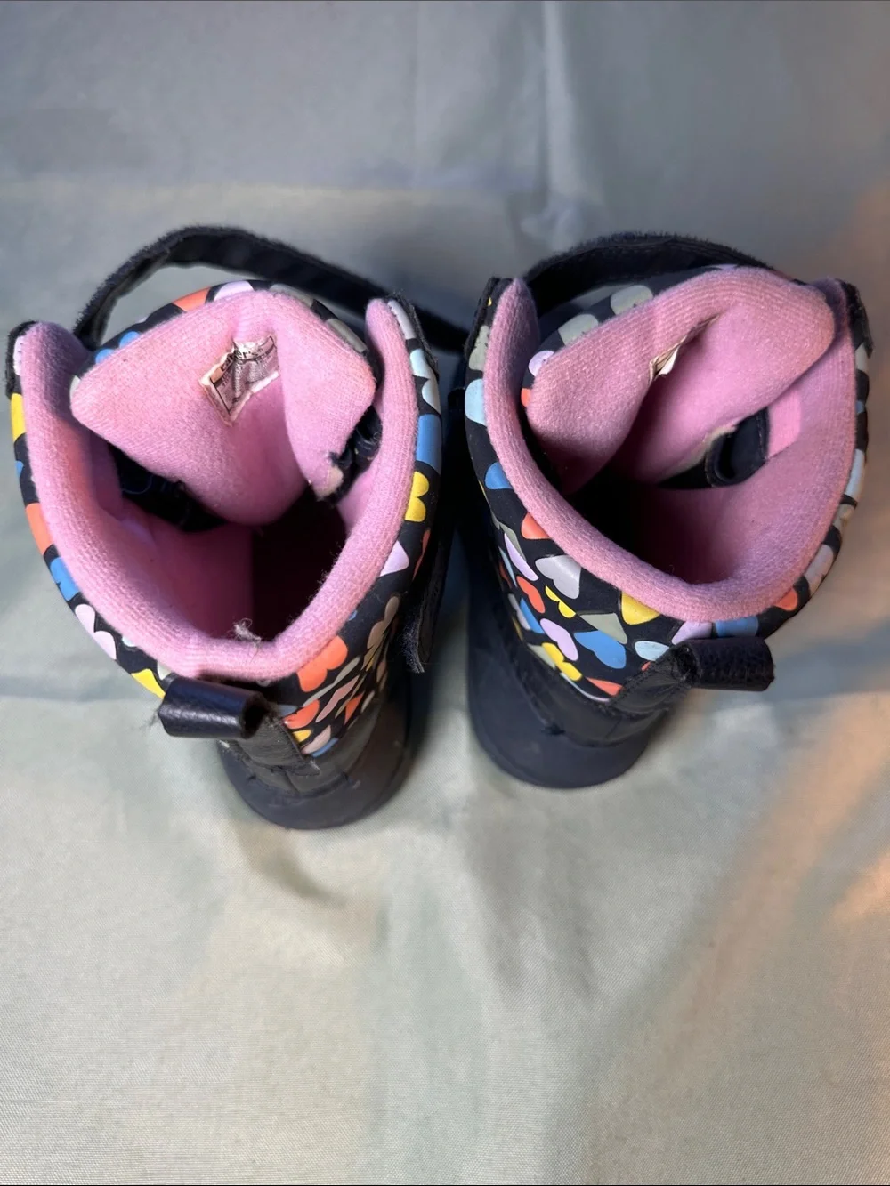 Carter's Black Boots with Multicolor Heart Tongue and Pink Lining